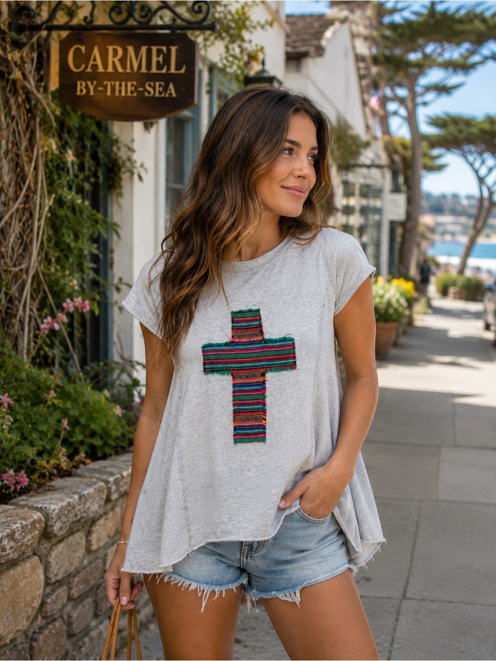 Boho Jane Cream Serape Cross Graphic Tunic Top - Raw Hem - Size M